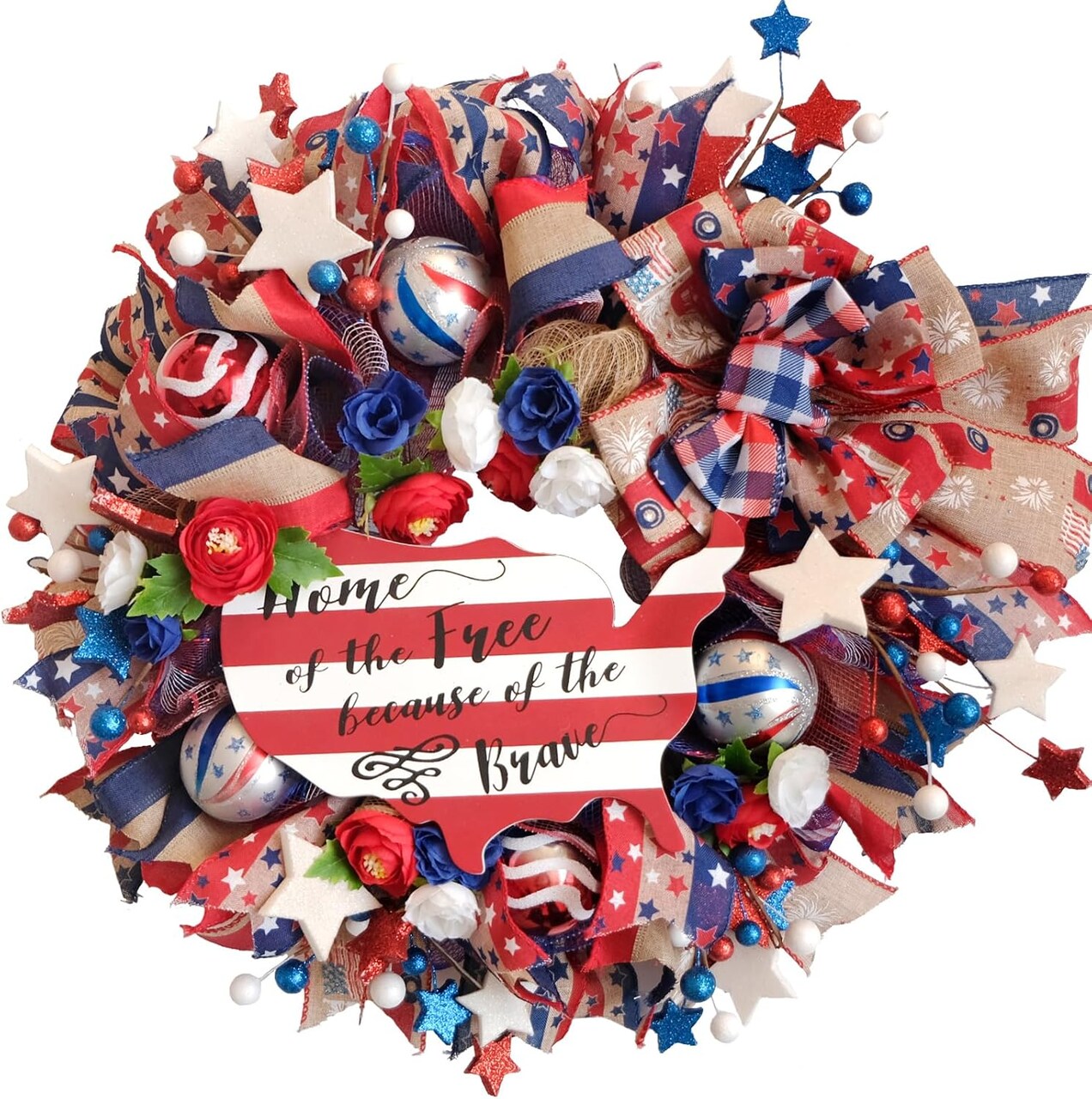 20-inch Fourth of July Wreath American map Patriotic Wreath Front Door Independence Day Handmade Wreaths Red White Blue Flashing Ball Bow Gauze net Decorative Memorial Day Home Decoration
